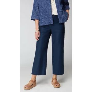 J Jill 100% Linen Pants Size Medium Wide Leg Crop Navy Blue Coastal Lagenlook